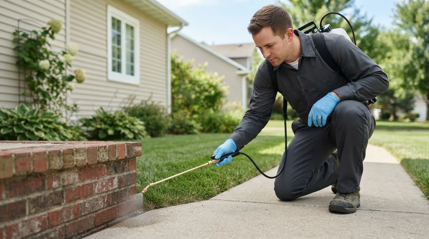 Pest control technician treating a home near Fayetteville, AR